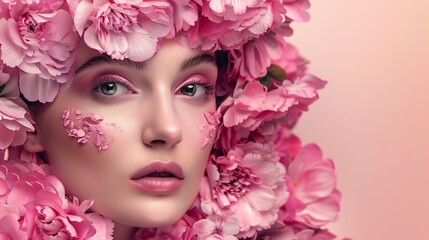Naklejka premium woman makeup pink portrait model girl spa face beauty flower blush : Generative AI