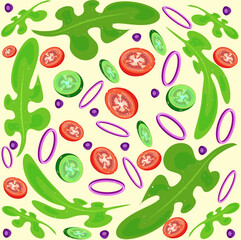pattern fresh vegetables salad tomatoes cucumbers olives onions pepper salt\\\seamless endless pattern greek salad. Vegetables in chaotic order. Background for kitchen textiles, paper napkins, vegan m