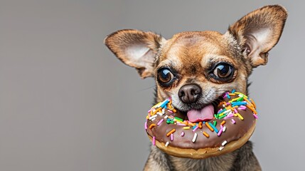 cute photo of a funny chihuahua isolated on a gray background eating a giant chocolate doughnut with colorful sprinkles on his tongue and nose : Generative AI