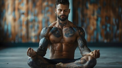 Muscular Bodybuilder in Meditative Pose Focusing on Wellness After Workout