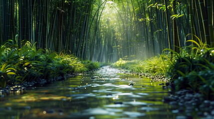 Fototapeta premium Tranquil Paths through Bamboo Groves with a gentle stream running alongside