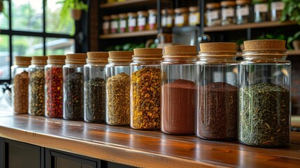 Fair trade tea is showcased in eco-friendly packaging on a wooden counter, promoting sustainable choices in a vibrant local market.