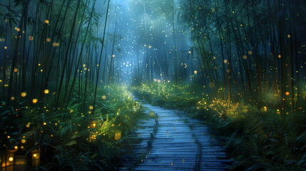 Tranquil Paths through Bamboo Groves illuminated by the soft glow of fireflies