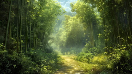 Obraz premium Tranquil Paths through Bamboo Groves with a gentle breeze rustling the leaves