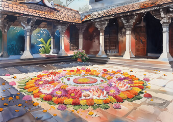 Watercolor illustration of a beautiful Pookalam, an intricate flower carpet, adorns the courtyard, celebrate the spirit of Onam. Kerala traditional festival Onam concept image