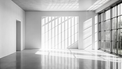 Obraz premium stract minimal 3D room with large windows, sunlight, and shadows. Modern studio showcase with copy space in black and white ,generative ai 