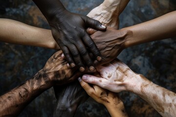 Multicultural hands clasping together in unity and solidarity on a textured dark background