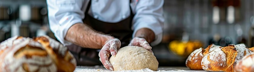 Chef kneading dough for fresh bread, Chef, traditional and hardworking
