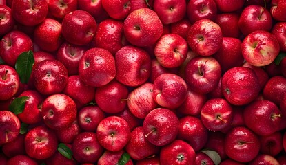 Red apples background, top view, close-up. Ripe red apple texture wallpaper. Realistic photography,