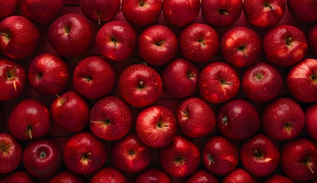 Red apples background, top view, close-up. Ripe red apple texture wallpaper. Realistic photography,