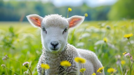 Obraz premium cute lamb on green grass in the sunshine
