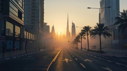 Fototapeta premium Foggy morning in Dubai Downtown, UAE