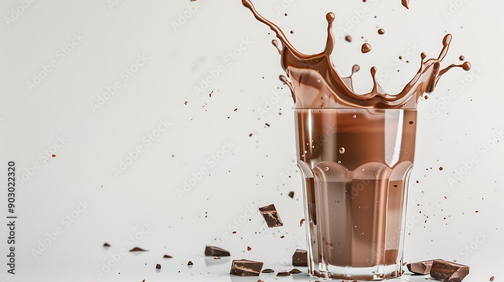 Poster glass of chocolate drinks with splash isolated on white background : generative ai