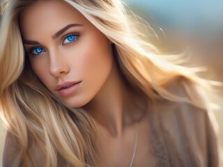 A portrait image of a young beautiful woman with blue eyes