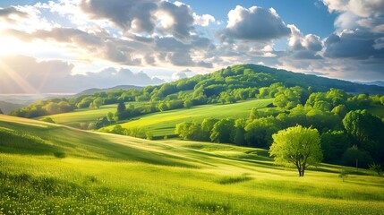 Fototapeta premium Scenic View of Green Hills and Blue Sky with Clouds