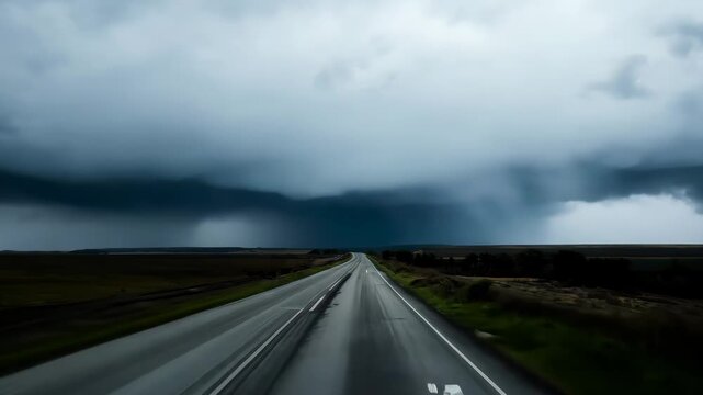 Stormy road leading into dark green storm