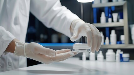 Dermatologist applying cream onto hand at white table indoors closeup Testing cosmetic product : Generative AI