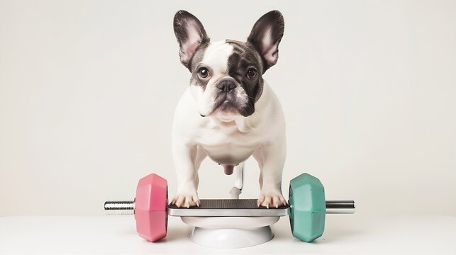 french bulldog  dog with guilty conscience  for overweight and to loose weight  standing on a scale isolated on white background with dumbbells : Generative AI