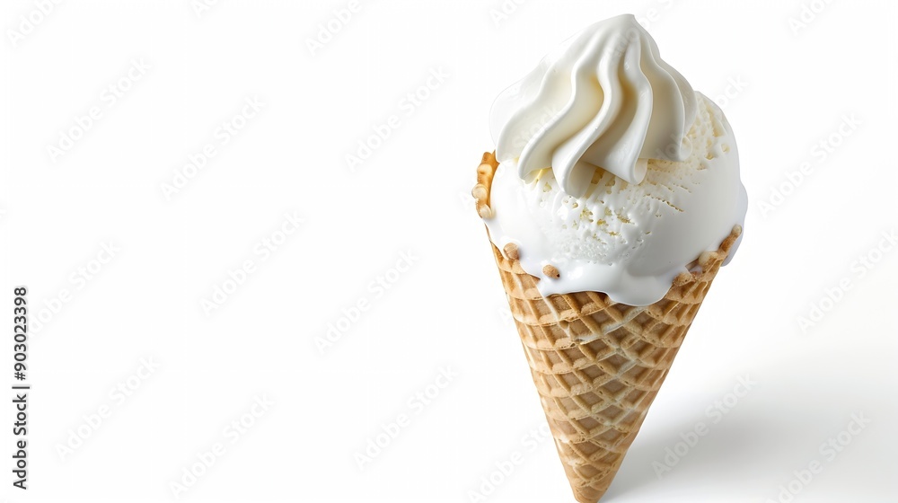 Poster Vanilla soft ice cream in waffle cone isolated on white background with clipping path : Generative AI