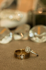 Close-up of bride and groom's wedding rings. Macro photography.
