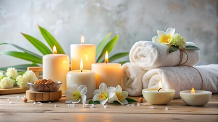 Spa and relaxation concept with candles, flowers, hot stones and towels. Rest aromatherapy massage 