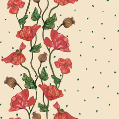 Vector vertical trailing pattern of blooming intertwined red poppies, green leaves and seeds on beige background. 