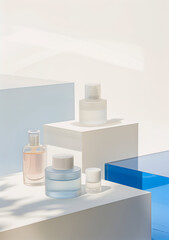 Elegant Cosmetic Product Display with Transparent Bottles and Light Reflections