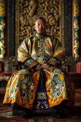 Regal Portrait of a Benevolent Emperor Seated on a Grandiose Throne in an Opulent Palace Chamber
