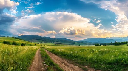 Obraz premium Beautiful summer mountain rural landscape Panorama of summer green field with dirt road and Sunset cloudy sky : Generative AI