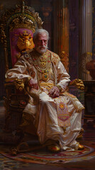 Regal Portrait of a Benevolent Emperor Seated on a Grandiose Throne in an Opulent Palace Chamber