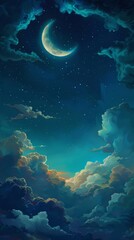 Fototapeta premium Crescent moon shining through dark clouds at night