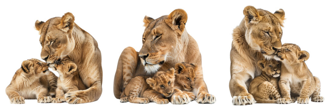 Set of A lioness and her cubs in a tender moment isolated on transparent background