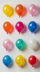 Colorful balloons floating on white background for birthday party