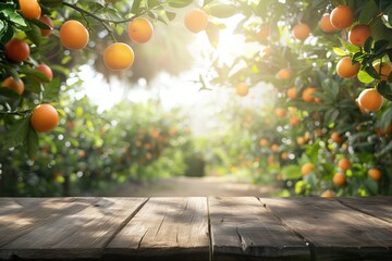 Wood table of free space and orange garden