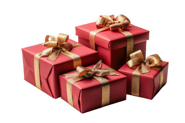 Obraz premium Beautifully Wrapped Red Christmas Gifts with Golden Ribbons and Bows