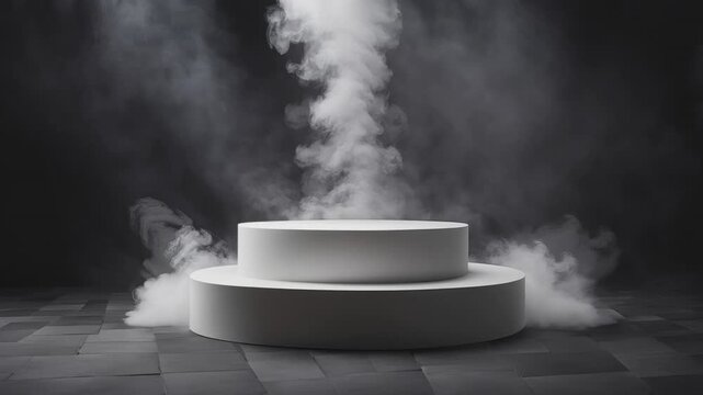 white  podium on dark background with white seamless loop smoke , product platform