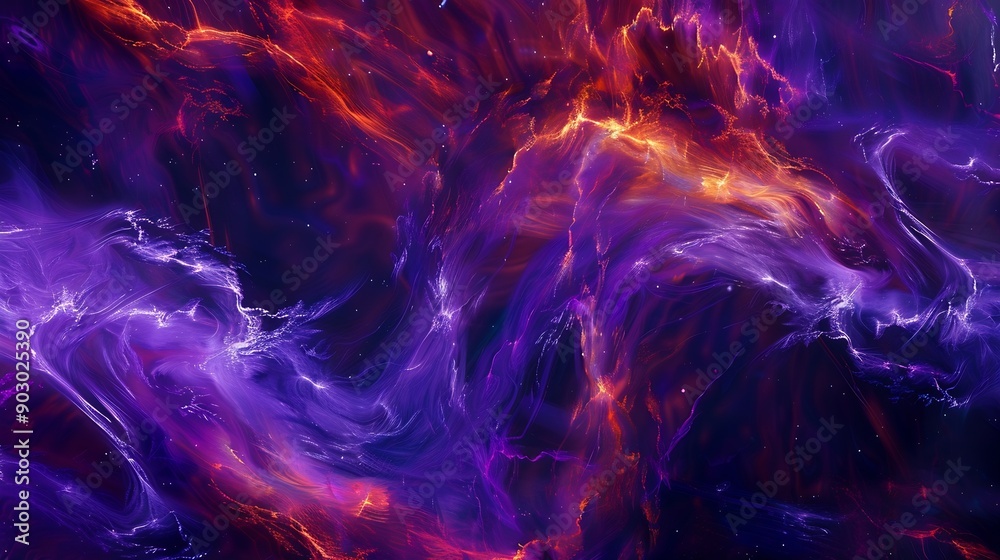 Poster a mesmerizing interplay of vivid purple and deep blue hues intertwined with ethereal fiery orange st