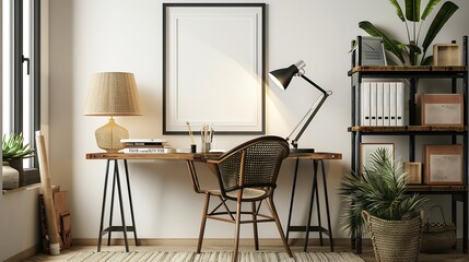 Creative composition of warm and cozy office interior with mock up poster frame wooden desk rattan chair stylish lamp black rack books and office accessories Home decor Template : Generative AI