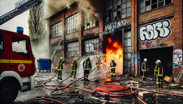 Firefighters actively battle a large fire erupting from an abandoned warehouse, with graffiti-covered walls and smoke billowing into the sky
