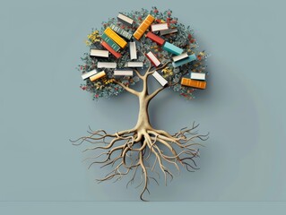 Knowledge tree with roots entwined with books and branches spreading out, symbolizing the foundational role of education in nurturing intellectual growth