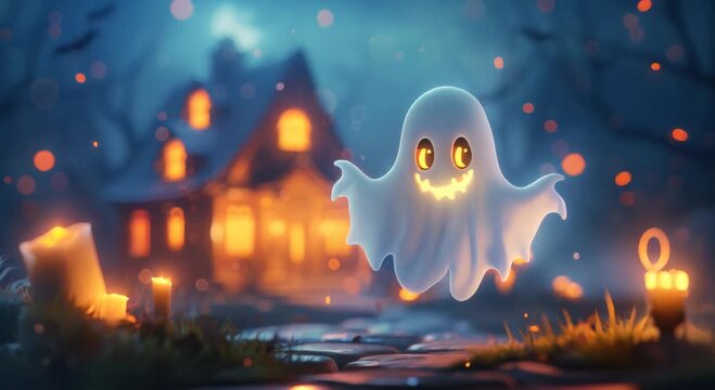 Adorable 3D ghost with friendly expression floating in front of a haunted house