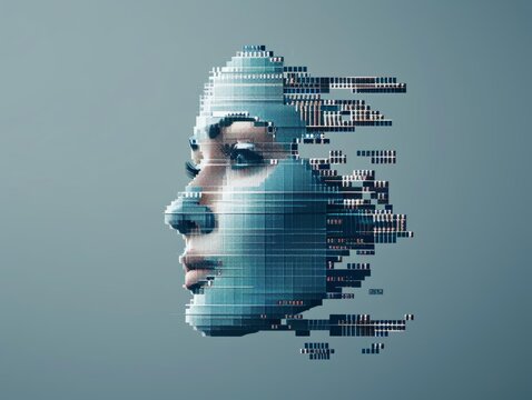 A human face morphing into digital pixels, symbolizing the transition from physical to digital existence, Digital Transformation, Pixel Art, High-Detail