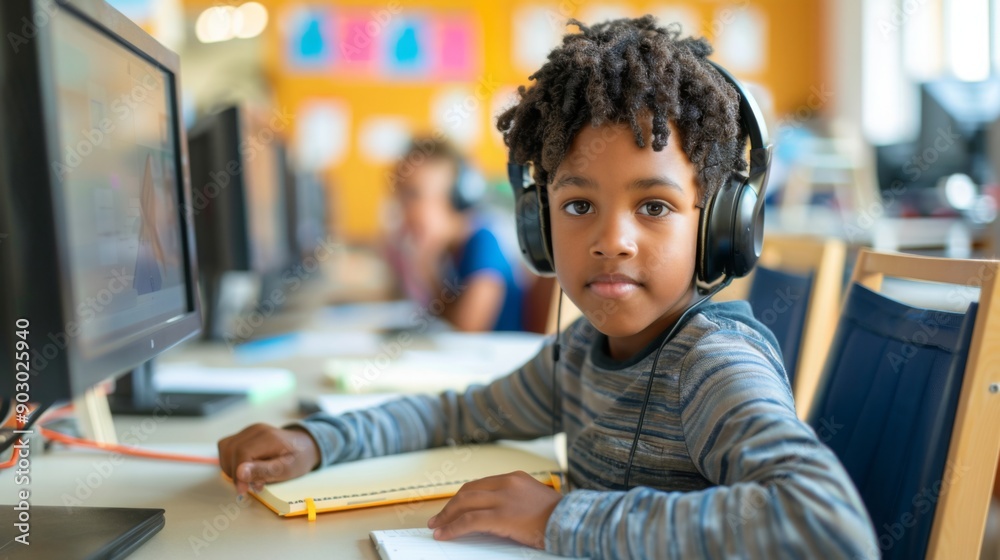 Poster a boy wearing headphones focuses on his work at a computer desk in a vibrant classroom filled with s