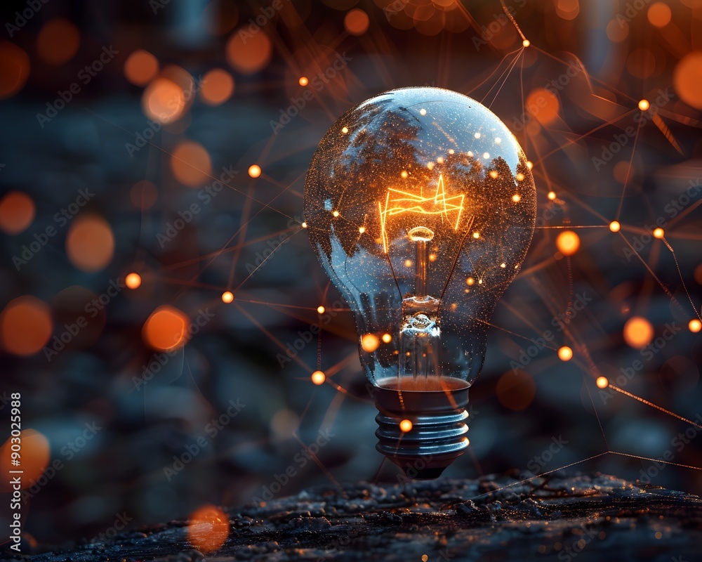 Poster lightbulb surrounded by a web of connected ideas and concepts representing brainstorming and creativ