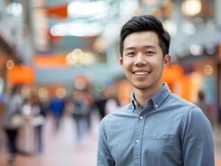 Fototapeta premium A young Asian man confidently standing in a vibrant university environment, reflecting the excitement and opportunities of academic life