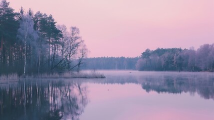 Fototapeta premium Calm lake water reflections forest trees panoramic sunrise sky Beautiful silence morning dawn in early spring late winter Soft bright pink purple colored sky panorama Beautiful nature : Generative AI
