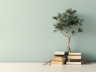 Knowledge tree with roots entwined with books and branches spreading out, symbolizing the foundational role of education in nurturing intellectual growth