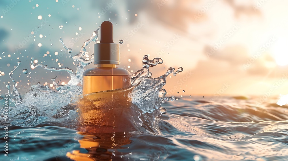 Poster serum bottle in water with splashes and waves : generative ai