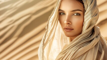 Beautiful Woman wrapped in Beige Silk Scarf Beauty Girl Face with Smooth Skin and Natural Makeup Women Hair Sun Care Headwear Scarves over Desert Sand background : Generative AI