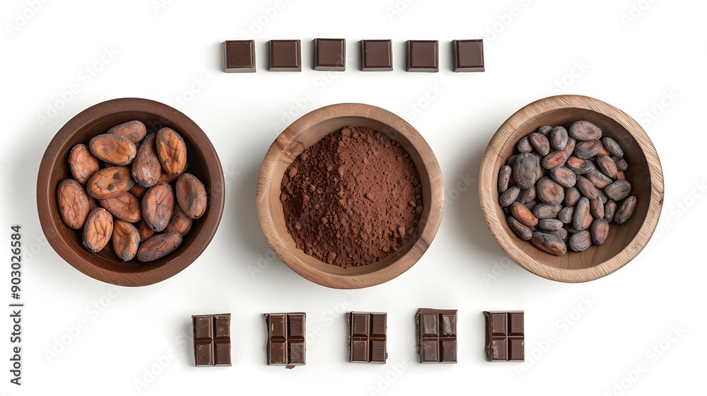 Poster chocolate ingredients in wooden bowls cocoa beans chocolate mass cocoa powder chocolate bars flat la